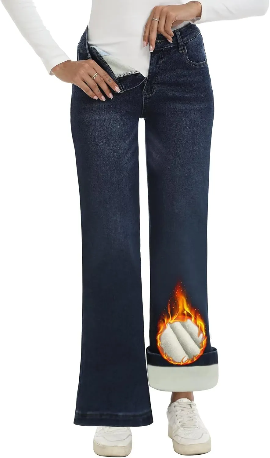 Fleece Lined Jeans Women High Waisted Stretchy Winter Jeans Warm Thermal Pants Thick Bell Bottom Wide Leg Jeans Woman