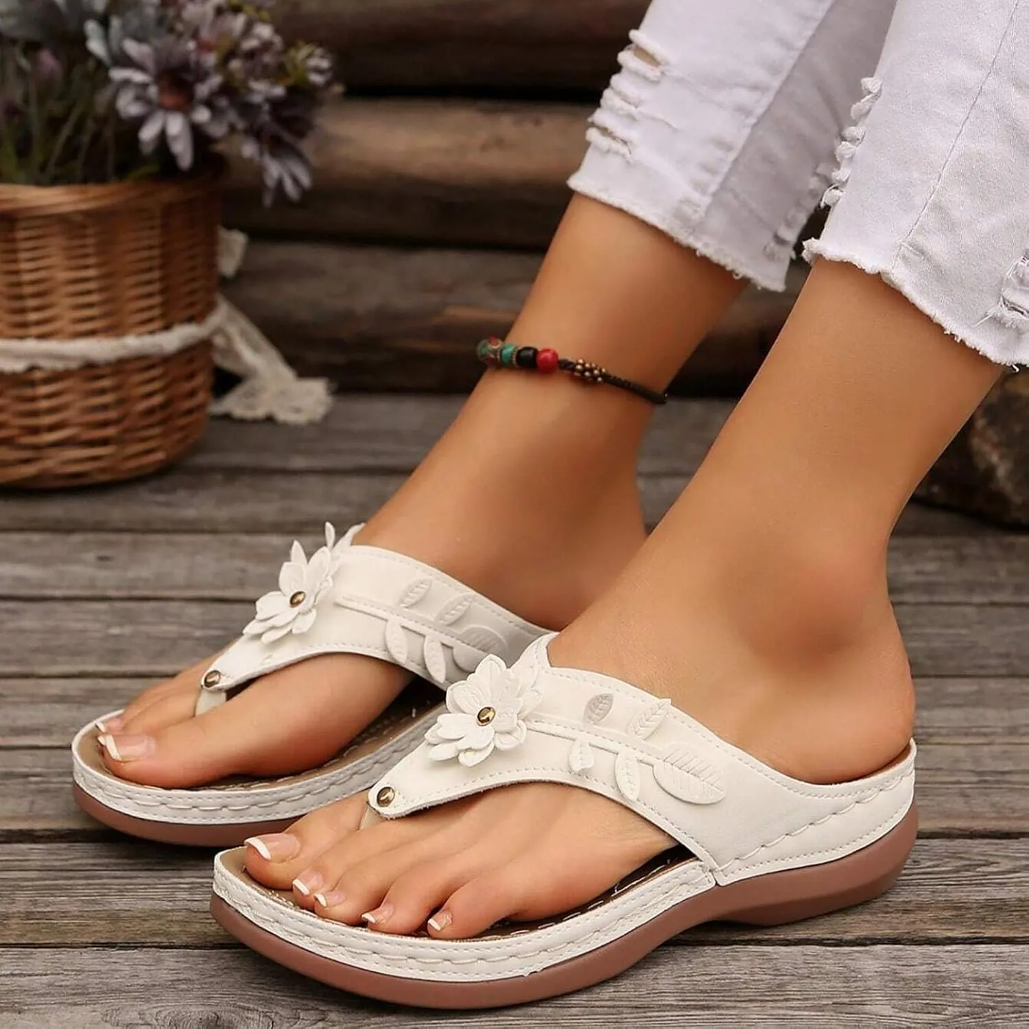 Flip Flops for Women, Orthopedic Sandals with Arch Support Comfortable Walking Platform Wedge Shoes Dressy Summer Slip on Thick Cushion Slippers Casual Trendy Orthotic Slides (b-White, 9)