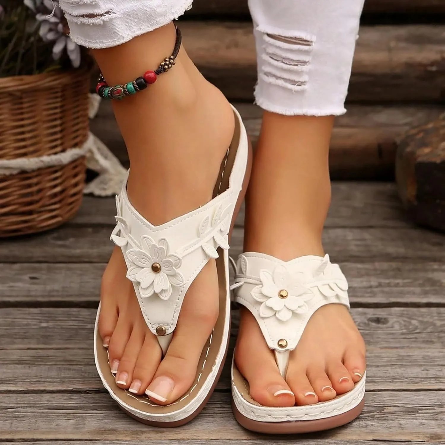 Flip Flops for Women, Orthopedic Sandals with Arch Support Comfortable Walking Platform Wedge Shoes Dressy Summer Slip on Thick Cushion Slippers Casual Trendy Orthotic Slides (b-White, 9)