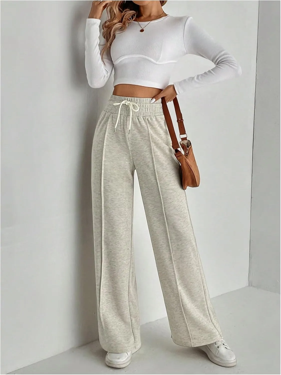 Floerns Women's Causal Drawstring High Waist Baggy Straight Wide Leg Sweatpants with Pockets