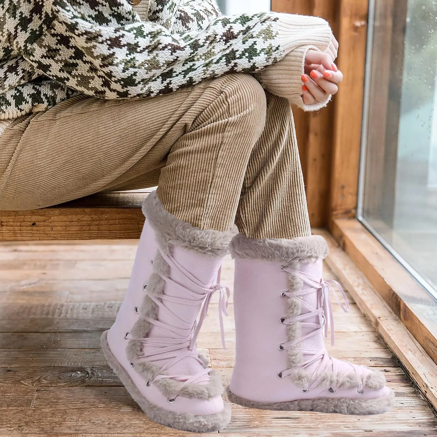 Fluffy Slippers for Women Cute Warm Indoor Bootie Slippers with Pompoms Non-slip House Home Boots