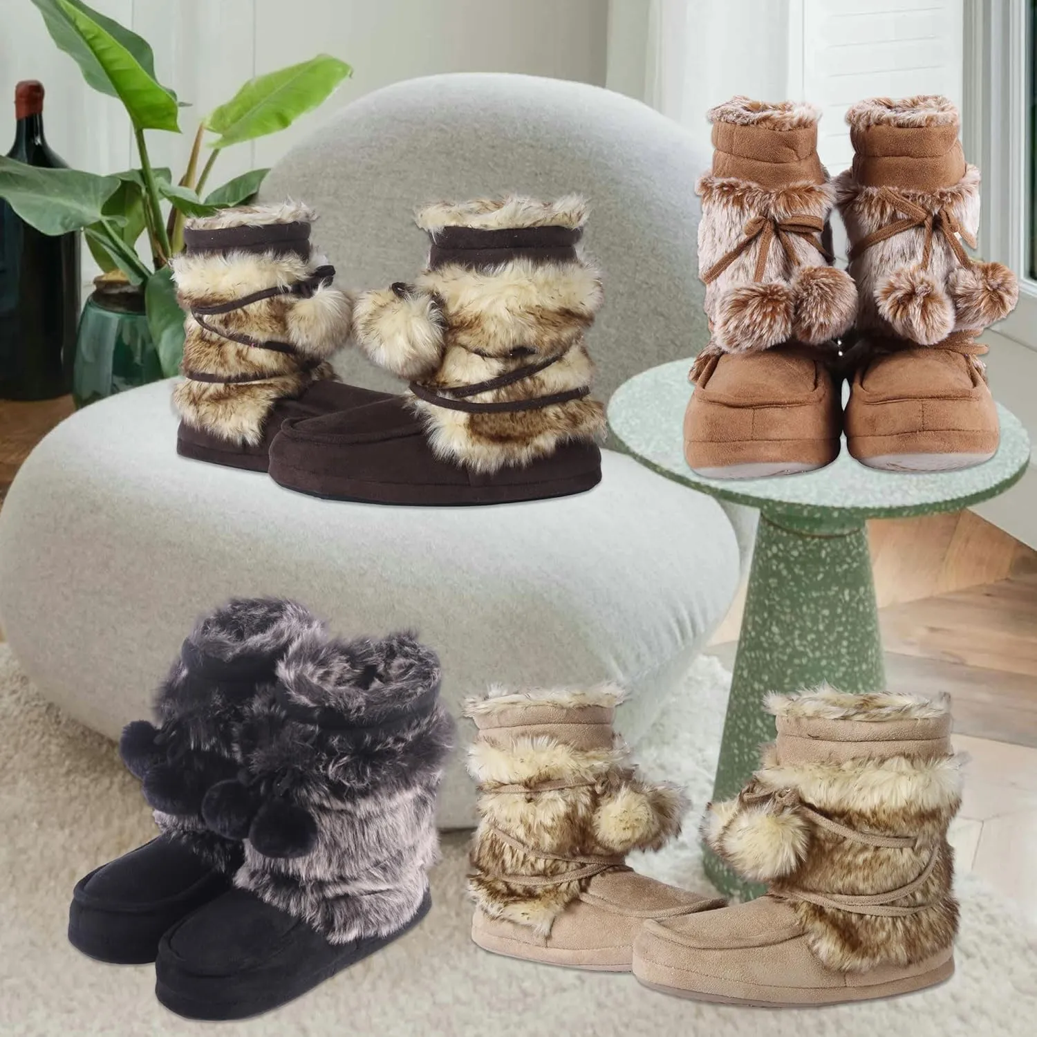 Fluffy Slippers for Women Cute Warm Indoor Bootie Slippers with Pompoms Non-slip House Home Boots