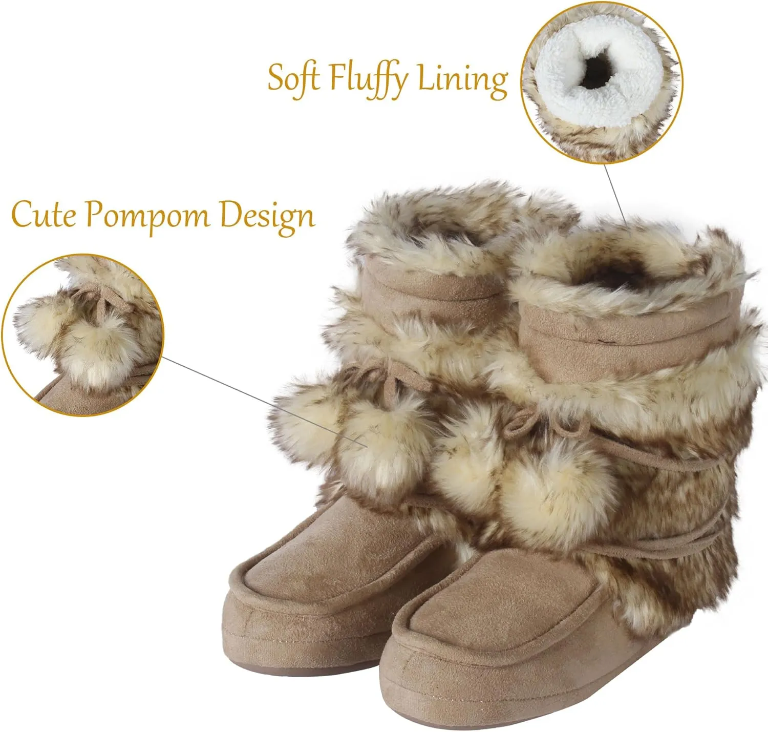 Fluffy Slippers for Women Cute Warm Indoor Bootie Slippers with Pompoms Non-slip House Home Boots