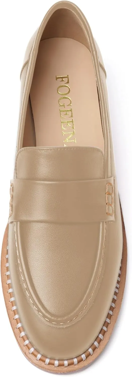 FOGEENA Womens Penny Matte Leather Casual Slip On Round Toe Work Chunky Low Heel Loafers Dress Shoes 1 Inch