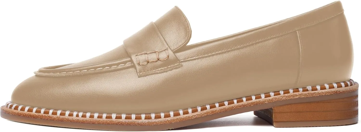 FOGEENA Womens Penny Matte Leather Casual Slip On Round Toe Work Chunky Low Heel Loafers Dress Shoes 1 Inch