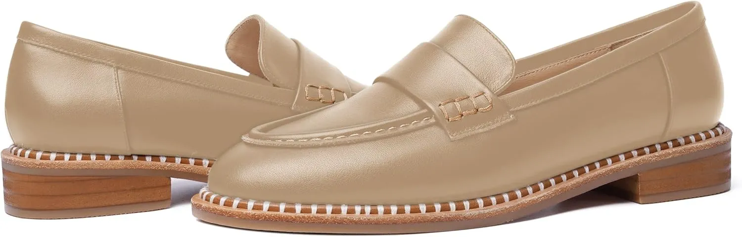 FOGEENA Womens Penny Matte Leather Casual Slip On Round Toe Work Chunky Low Heel Loafers Dress Shoes 1 Inch