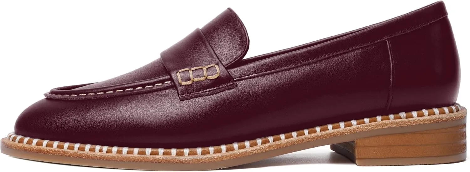 FOGEENA Womens Penny Matte Leather Casual Slip On Round Toe Work Chunky Low Heel Loafers Dress Shoes 1 Inch