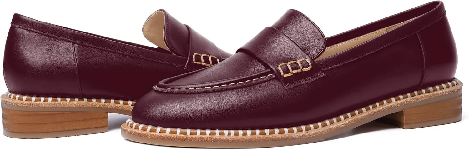 FOGEENA Womens Penny Matte Leather Casual Slip On Round Toe Work Chunky Low Heel Loafers Dress Shoes 1 Inch