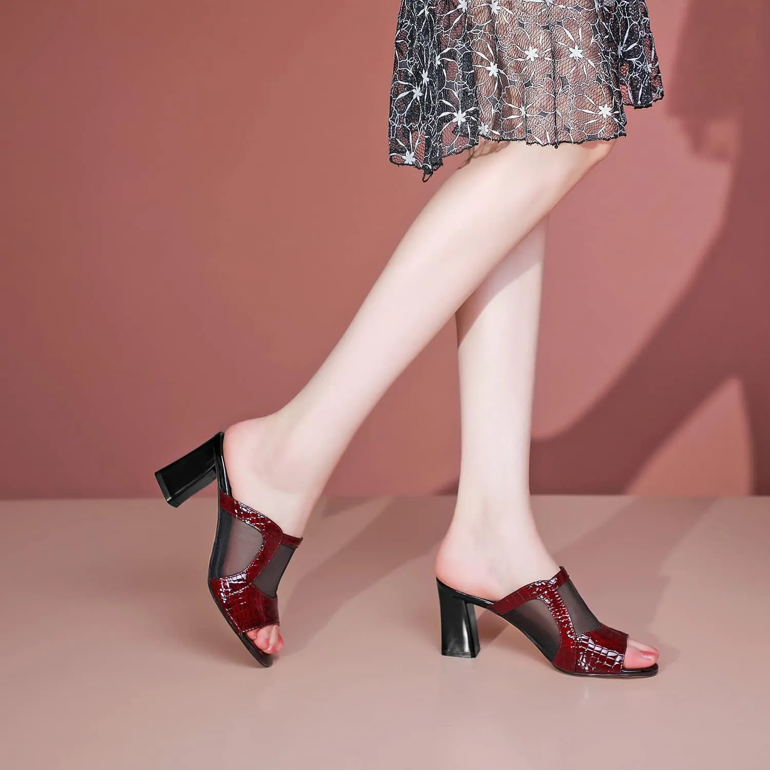 FOWT Women Chic Croc-Embossed Mesh Patchwork Chunky High Heel Mules Breathable Peep Toe Slide Sandals Elegant Slip on 3 in Heels Dress Business Office Lady Shoes, Currant US Size 4-9 M