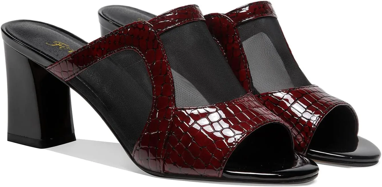 FOWT Women Chic Croc-Embossed Mesh Patchwork Chunky High Heel Mules Breathable Peep Toe Slide Sandals Elegant Slip on 3 in Heels Dress Business Office Lady Shoes, Currant US Size 4-9 M