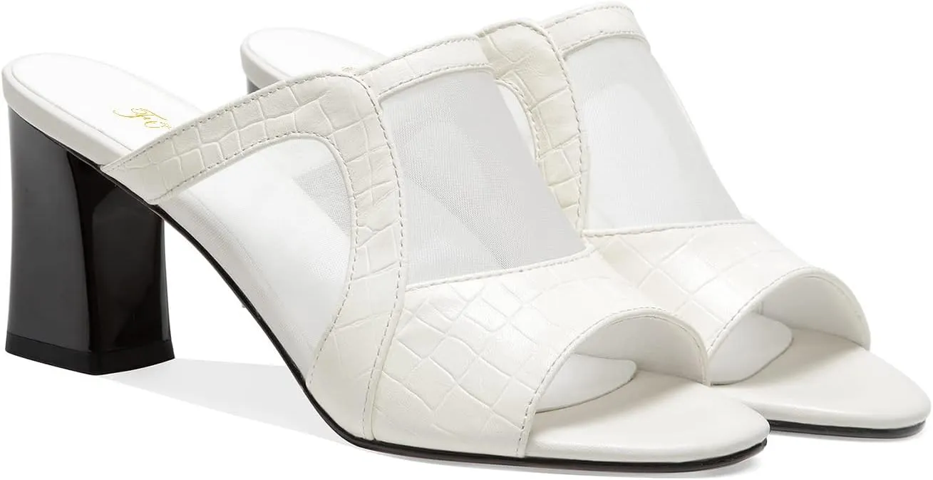 FOWT Women Chic Croc-Embossed Mesh Patchwork Chunky High Heel Mules Breathable Peep Toe Slide Sandals Elegant Slip on 3 in Heels Dress Business Office Lady Shoes, Currant US Size 4-9 M