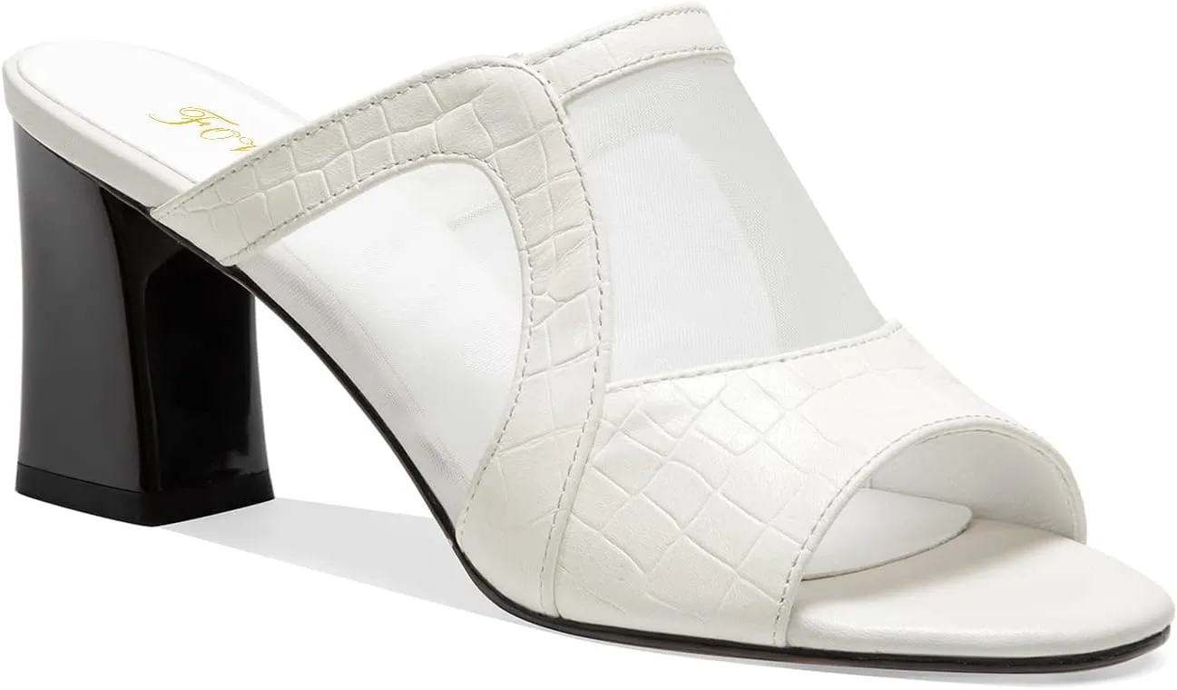 FOWT Women Chic Croc-Embossed Mesh Patchwork Chunky High Heel Mules Breathable Peep Toe Slide Sandals Elegant Slip on 3 in Heels Dress Business Office Lady Shoes, Currant US Size 4-9 M
