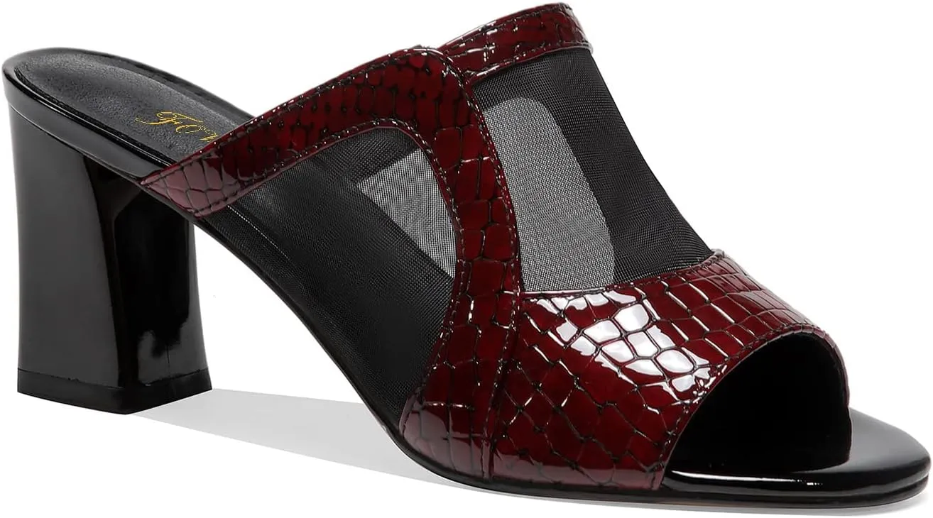 FOWT Women Chic Croc-Embossed Mesh Patchwork Chunky High Heel Mules Breathable Peep Toe Slide Sandals Elegant Slip on 3 in Heels Dress Business Office Lady Shoes, Currant US Size 4-9 M