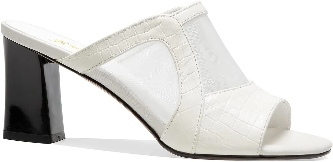 FOWT Women Chic Croc-Embossed Mesh Patchwork Chunky High Heel Mules Breathable Peep Toe Slide Sandals Elegant Slip on 3 in Heels Dress Business Office Lady Shoes, Currant US Size 4-9 M