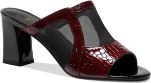 FOWT Women Chic Croc-Embossed Mesh Patchwork Chunky High Heel Mules Breathable Peep Toe Slide Sandals Elegant Slip on 3 in Heels Dress Business Office Lady Shoes, Currant US Size 4-9 M