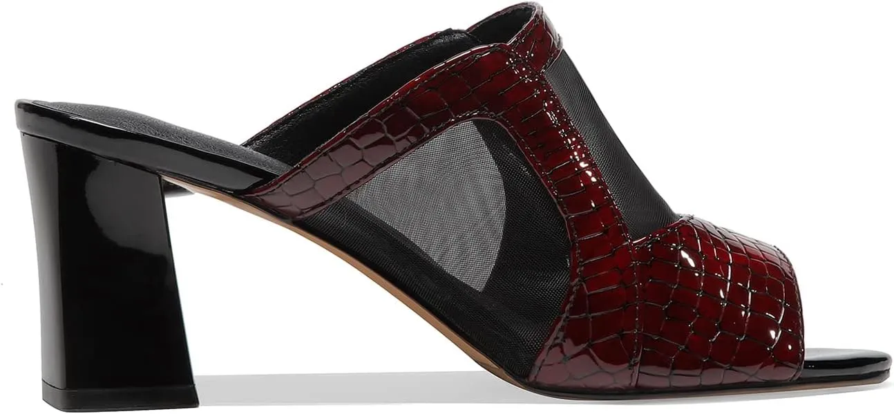 FOWT Women Chic Croc-Embossed Mesh Patchwork Chunky High Heel Mules Breathable Peep Toe Slide Sandals Elegant Slip on 3 in Heels Dress Business Office Lady Shoes, Currant US Size 4-9 M