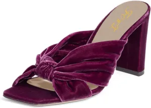 FOWT Women Fashion Open Square Toe Knot Slip on Velvet Mules Chunky High Heel Party Casual Dress Slide Sandals Size 4-16 US