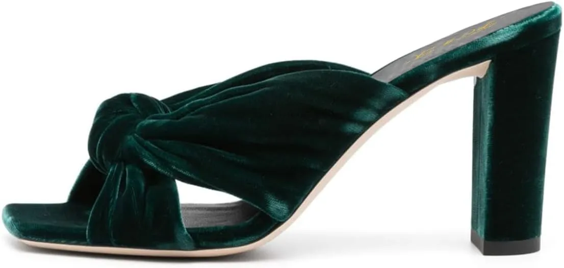 FOWT Women Fashion Open Square Toe Knot Slip on Velvet Mules Chunky High Heel Party Casual Dress Slide Sandals Size 4-16 US