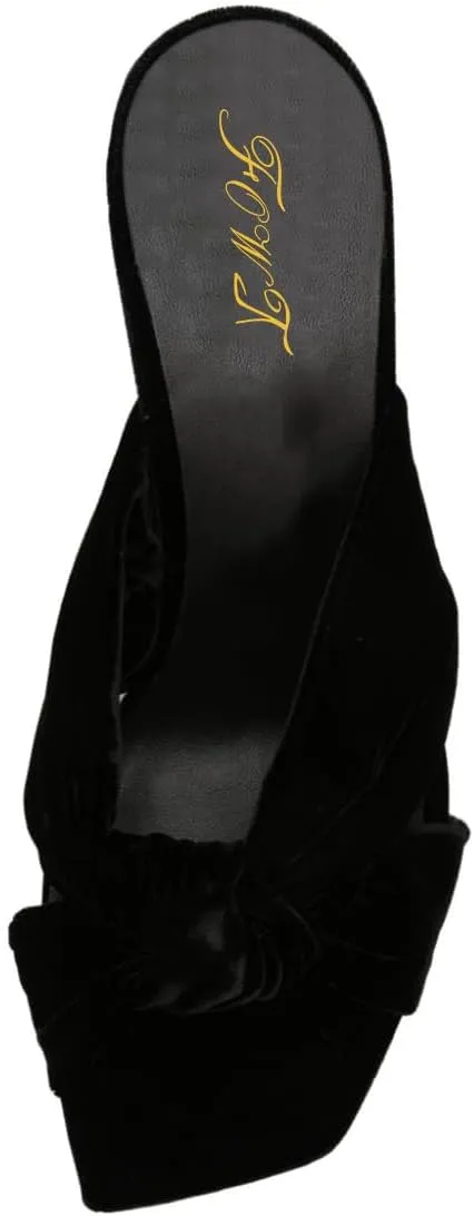 FOWT Women Fashion Open Square Toe Knot Slip on Velvet Mules Chunky High Heel Party Casual Dress Slide Sandals Size 4-16 US
