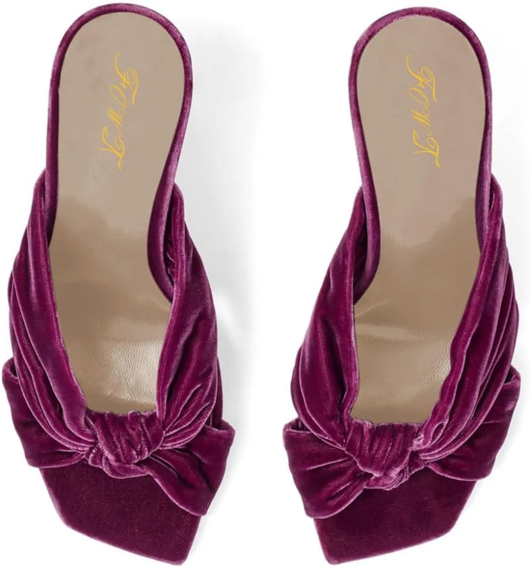 FOWT Women Fashion Open Square Toe Knot Slip on Velvet Mules Chunky High Heel Party Casual Dress Slide Sandals Size 4-16 US