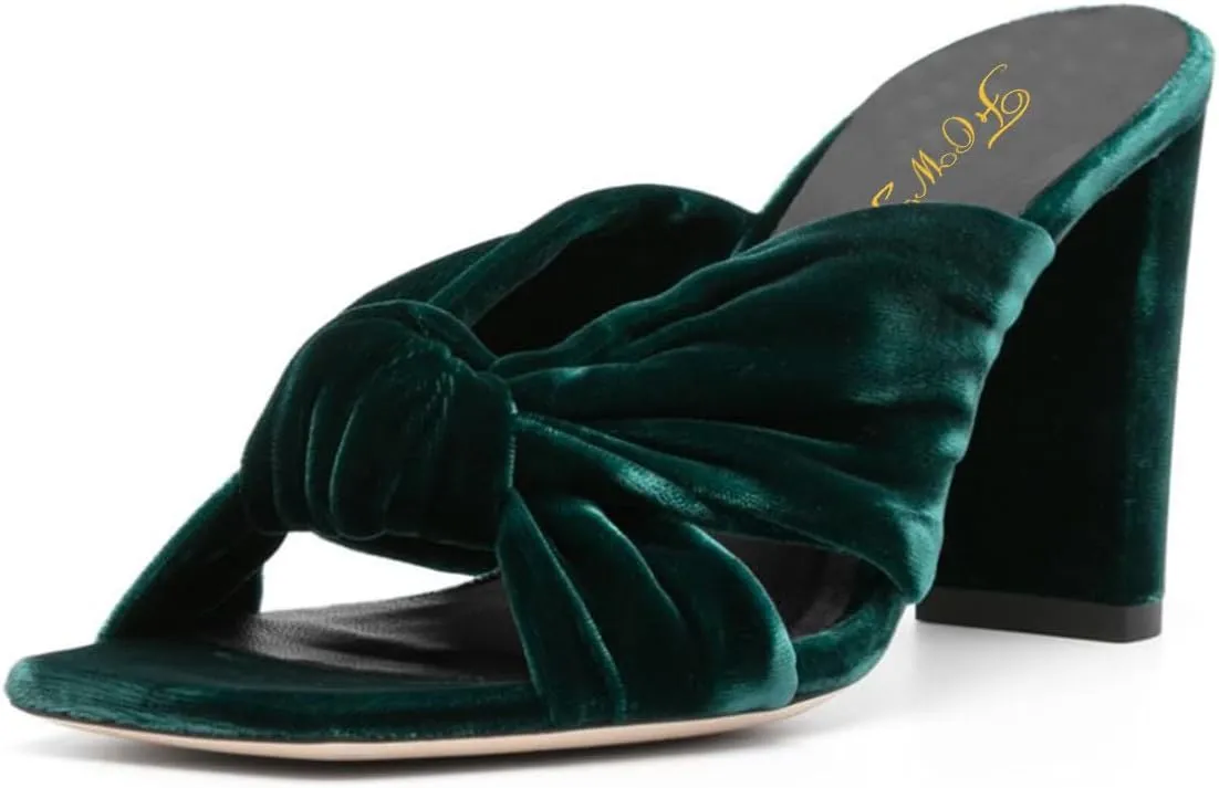 FOWT Women Fashion Open Square Toe Knot Slip on Velvet Mules Chunky High Heel Party Casual Dress Slide Sandals Size 4-16 US