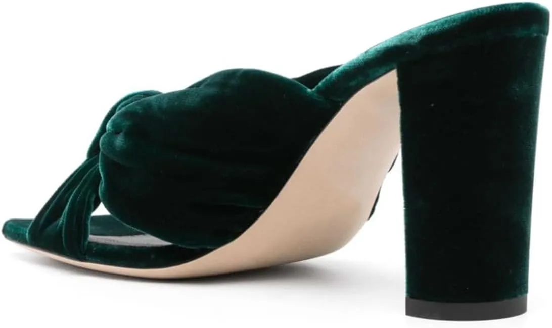 FOWT Women Fashion Open Square Toe Knot Slip on Velvet Mules Chunky High Heel Party Casual Dress Slide Sandals Size 4-16 US