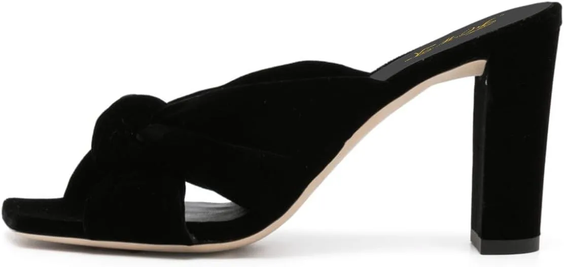 FOWT Women Fashion Open Square Toe Knot Slip on Velvet Mules Chunky High Heel Party Casual Dress Slide Sandals Size 4-16 US