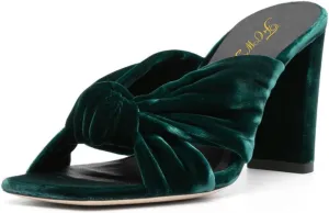 FOWT Women Fashion Open Square Toe Knot Slip on Velvet Mules Chunky High Heel Party Casual Dress Slide Sandals Size 4-16 US