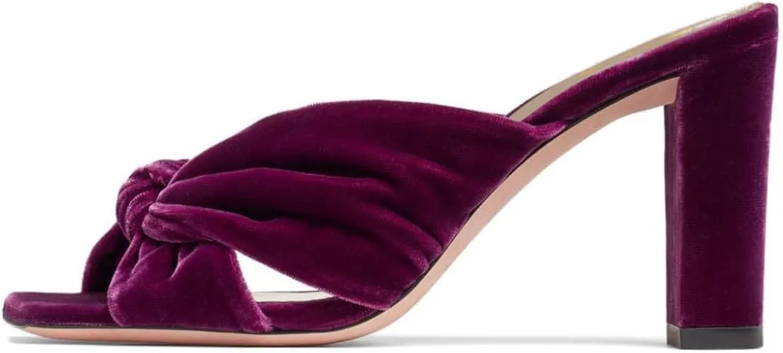FOWT Women Fashion Open Square Toe Knot Slip on Velvet Mules Chunky High Heel Party Casual Dress Slide Sandals Size 4-16 US