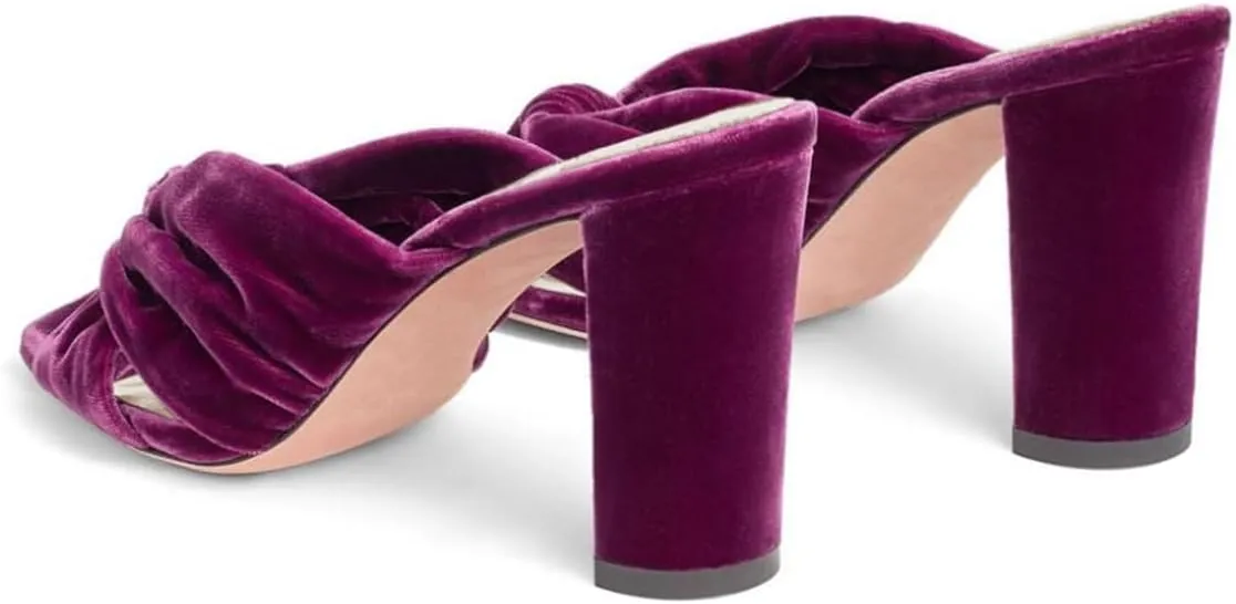 FOWT Women Fashion Open Square Toe Knot Slip on Velvet Mules Chunky High Heel Party Casual Dress Slide Sandals Size 4-16 US