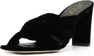 FOWT Women Fashion Open Square Toe Knot Slip on Velvet Mules Chunky High Heel Party Casual Dress Slide Sandals Size 4-16 US