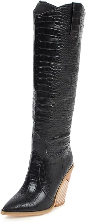 FOWT Women’s Crocodile Embossed Knee High Cowgirls Boots High Stacked Heels Wedge Long Booties Pull On Cowboy Bootie Pointed Toe Shoes Winter Fall Warm Work Daily Shoes Size 6-12 US