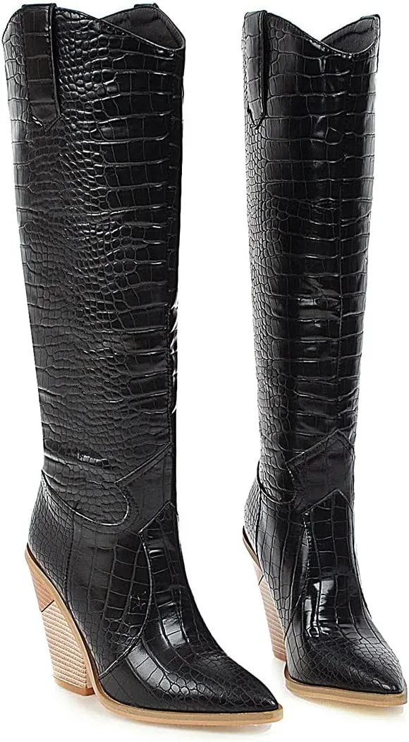 FOWT Women’s Crocodile Embossed Knee High Cowgirls Boots High Stacked Heels Wedge Long Booties Pull On Cowboy Bootie Pointed Toe Shoes Winter Fall Warm Work Daily Shoes Size 6-12 US
