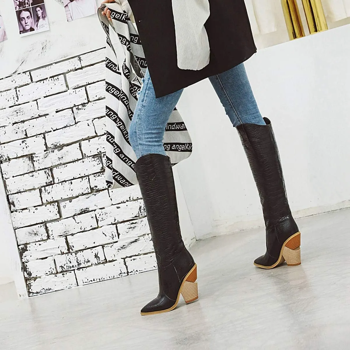 FOWT Women’s Crocodile Embossed Knee High Cowgirls Boots High Stacked Heels Wedge Long Booties Pull On Cowboy Bootie Pointed Toe Shoes Winter Fall Warm Work Daily Shoes Size 6-12 US