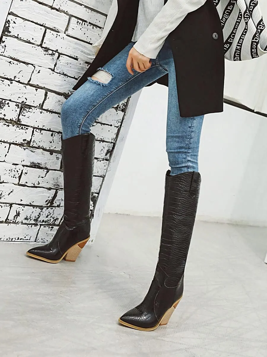 FOWT Women’s Crocodile Embossed Knee High Cowgirls Boots High Stacked Heels Wedge Long Booties Pull On Cowboy Bootie Pointed Toe Shoes Winter Fall Warm Work Daily Shoes Size 6-12 US