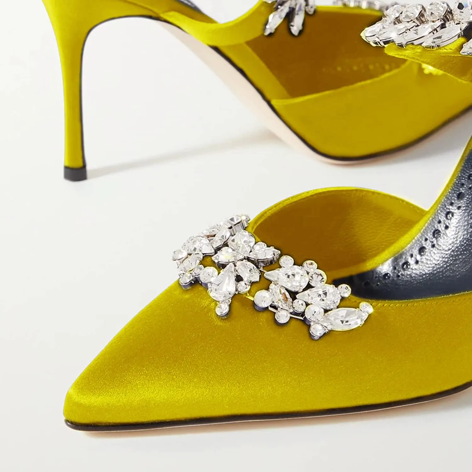 FOWT Women’s Studded Crystals Stiletto High Heel Slippers,Backless Slip On Makeup Party Pumps for Lady,Pointy Toe Satin Evening Dress Party Shoes