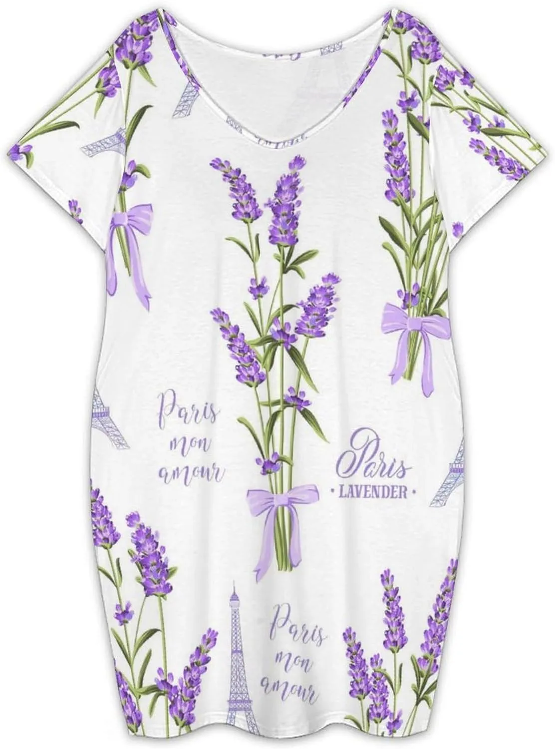 French Lavender Womens Ultra Relaxed Fitting V Neck Short Sleeves Barrel Simple Mid Length Sides Pocket Dresses