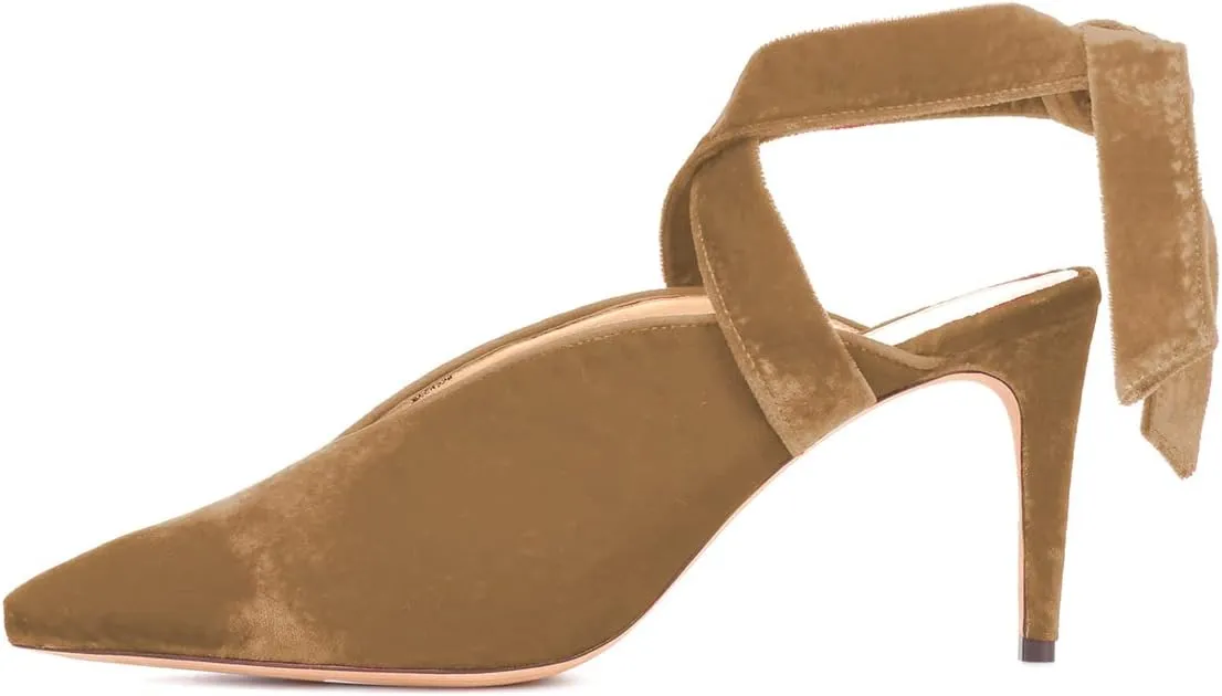 FSJ Women Fashion Pointed Toe V Cut Strappy Ankle Wrap Slingback Comfortable Stiletto Mid Heel Pumps Slip On Mules Slide Sandals Ladies Dress Party Shoes Size 4-15 US