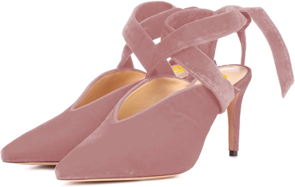 FSJ Women Fashion Pointed Toe V Cut Strappy Ankle Wrap Slingback Comfortable Stiletto Mid Heel Pumps Slip On Mules Slide Sandals Ladies Dress Party Shoes Size 4-15 US