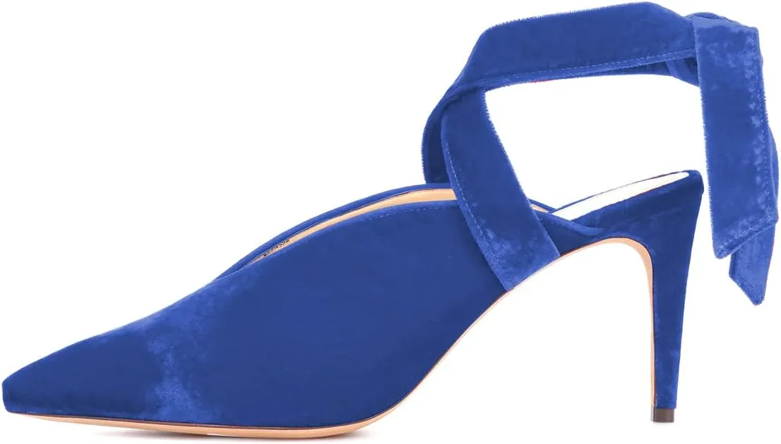FSJ Women Fashion Pointed Toe V Cut Strappy Ankle Wrap Slingback Comfortable Stiletto Mid Heel Pumps Slip On Mules Slide Sandals Ladies Dress Party Shoes Size 4-15 US