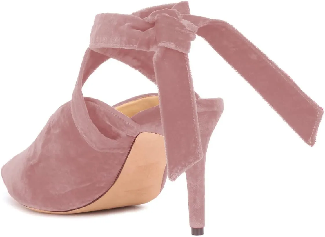 FSJ Women Fashion Pointed Toe V Cut Strappy Ankle Wrap Slingback Comfortable Stiletto Mid Heel Pumps Slip On Mules Slide Sandals Ladies Dress Party Shoes Size 4-15 US