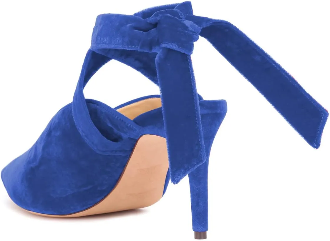 FSJ Women Fashion Pointed Toe V Cut Strappy Ankle Wrap Slingback Comfortable Stiletto Mid Heel Pumps Slip On Mules Slide Sandals Ladies Dress Party Shoes Size 4-15 US