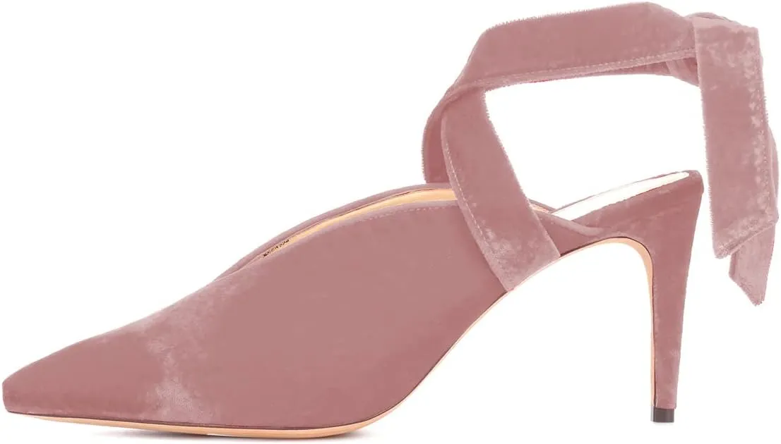 FSJ Women Fashion Pointed Toe V Cut Strappy Ankle Wrap Slingback Comfortable Stiletto Mid Heel Pumps Slip On Mules Slide Sandals Ladies Dress Party Shoes Size 4-15 US