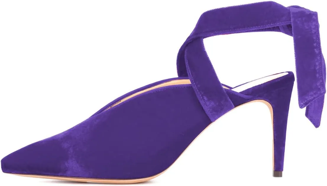 FSJ Women Fashion Pointed Toe V Cut Strappy Ankle Wrap Slingback Comfortable Stiletto Mid Heel Pumps Slip On Mules Slide Sandals Ladies Dress Party Shoes Size 4-15 US