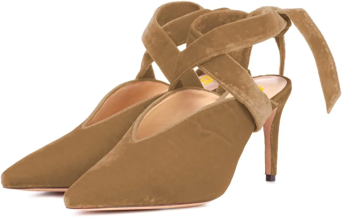 FSJ Women Fashion Pointed Toe V Cut Strappy Ankle Wrap Slingback Comfortable Stiletto Mid Heel Pumps Slip On Mules Slide Sandals Ladies Dress Party Shoes Size 4-15 US