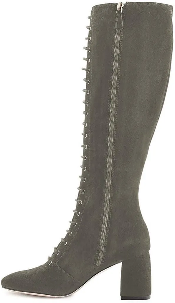 FSJ Women Fashion Round Toe Chunky Block Heel Knee High Riding Boots Laces Dress Shoes Size 4-15 US