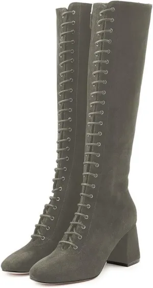 FSJ Women Fashion Round Toe Chunky Block Heel Knee High Riding Boots Laces Dress Shoes Size 4-15 US
