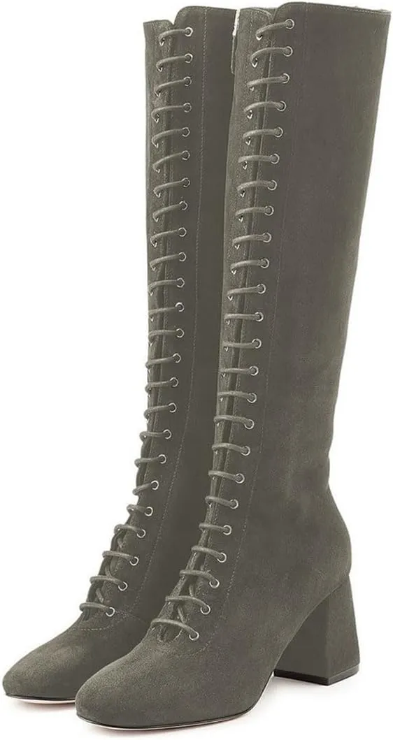 FSJ Women Fashion Round Toe Chunky Block Heel Knee High Riding Boots Laces Dress Shoes Size 4-15 US