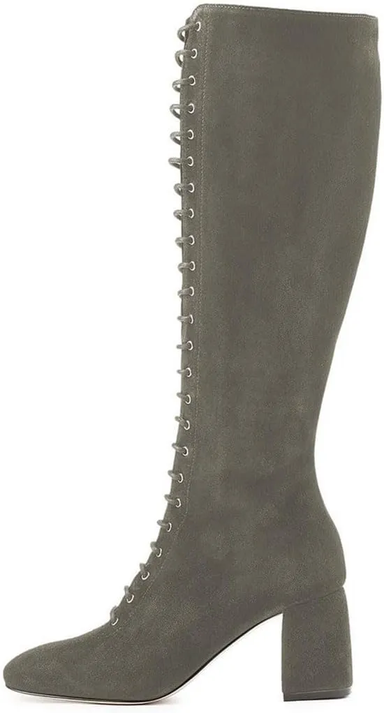 FSJ Women Fashion Round Toe Chunky Block Heel Knee High Riding Boots Laces Dress Shoes Size 4-15 US