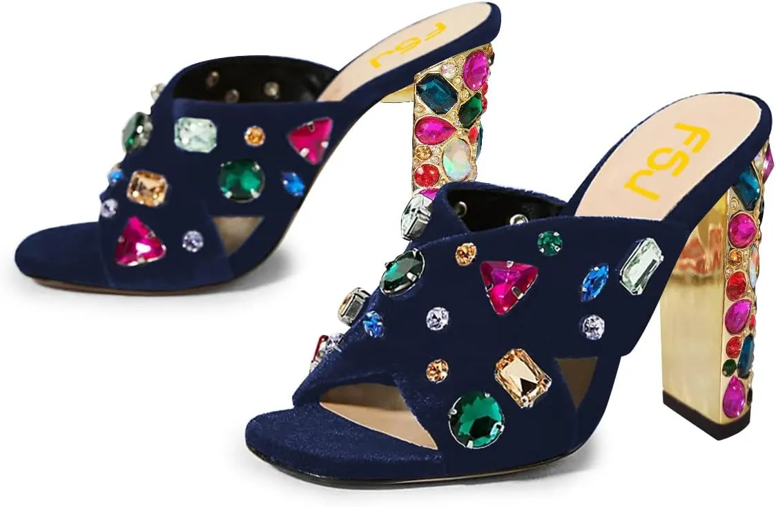 FSJ Women Gem Chunky Block Heel Open Toe Mules Sandals Velvet Jewel Cross Band Slip On Slides Wedding Dress Shoes Size 4-15 US